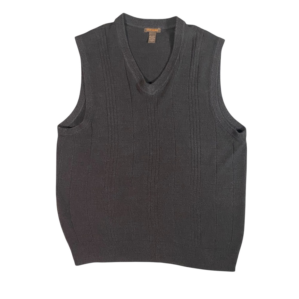 Dockers Mens XL Black V-Neck Sweater Vest Textured Stripe Knit Acrylic RN 15610